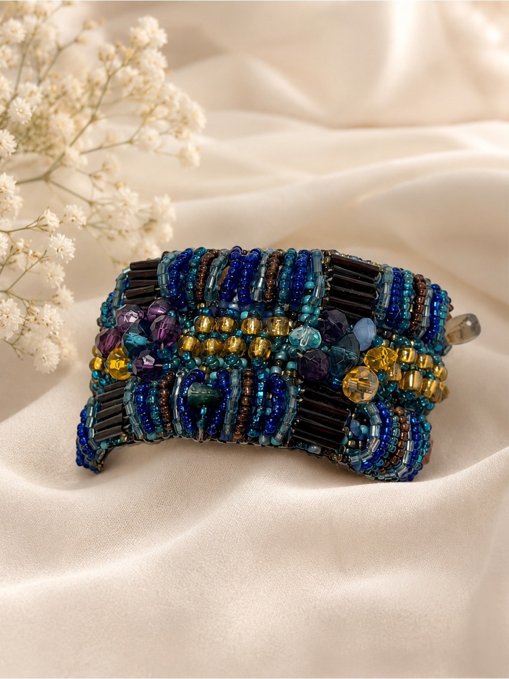Multicolor Beaded Statement Bracelet with Blue & Gold Accents